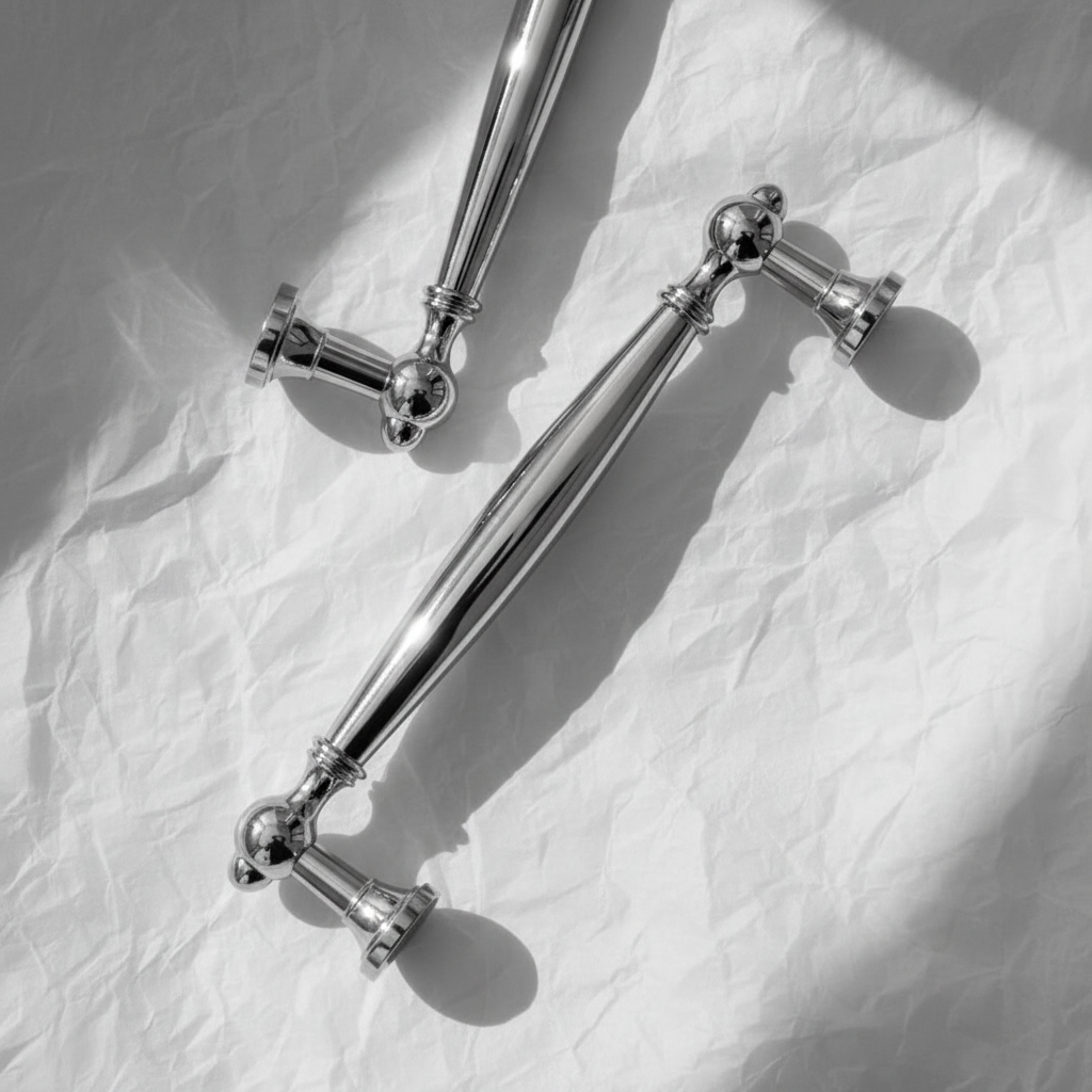 Två Vireda kromhandtag med djupt dramatiskt ljus