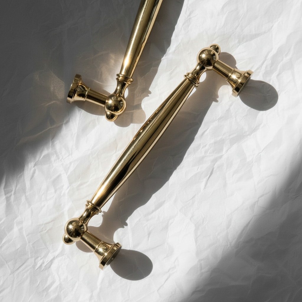 Två Vireda mässinghandtag ljusare version